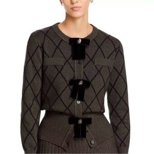 Nancy Yang Olive Diamond-Pattern Knit Cardigan Sweater